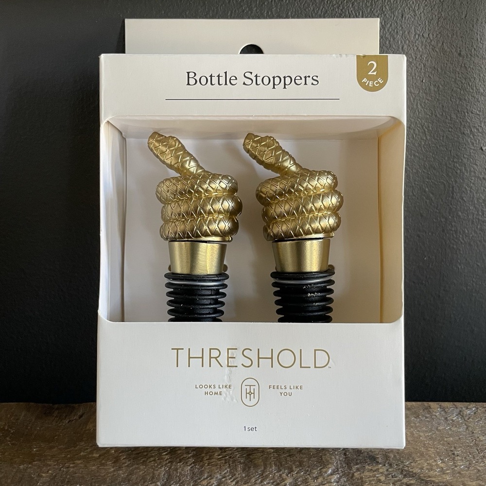 New 2 Piece THRESHOLD Gold Snake Bottle Wine Stoppers Bar Man Cave Speakeasy NIB